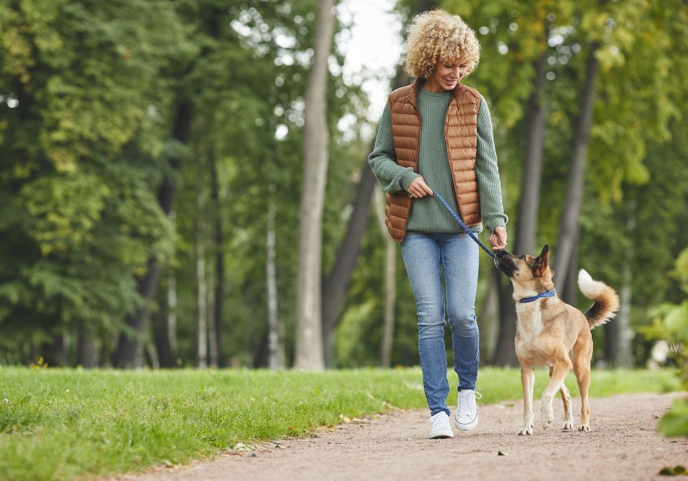 Mujer caminando al aire libre con su perro para manejar el cortisol en la menopausia